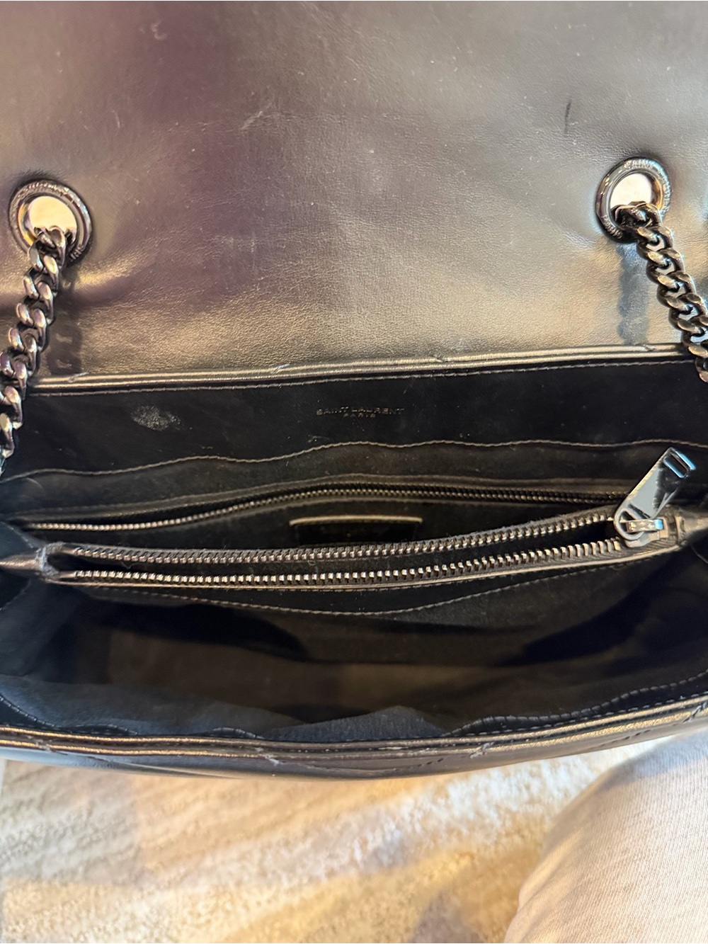 Saint Laurent Black Chevron Quilted Leather Shoulder Bag with Chain Strap - Picture 10 of 12